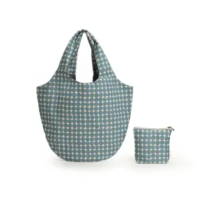 Casual Blue Dotted Handmade Cotton Bag with Pouch
