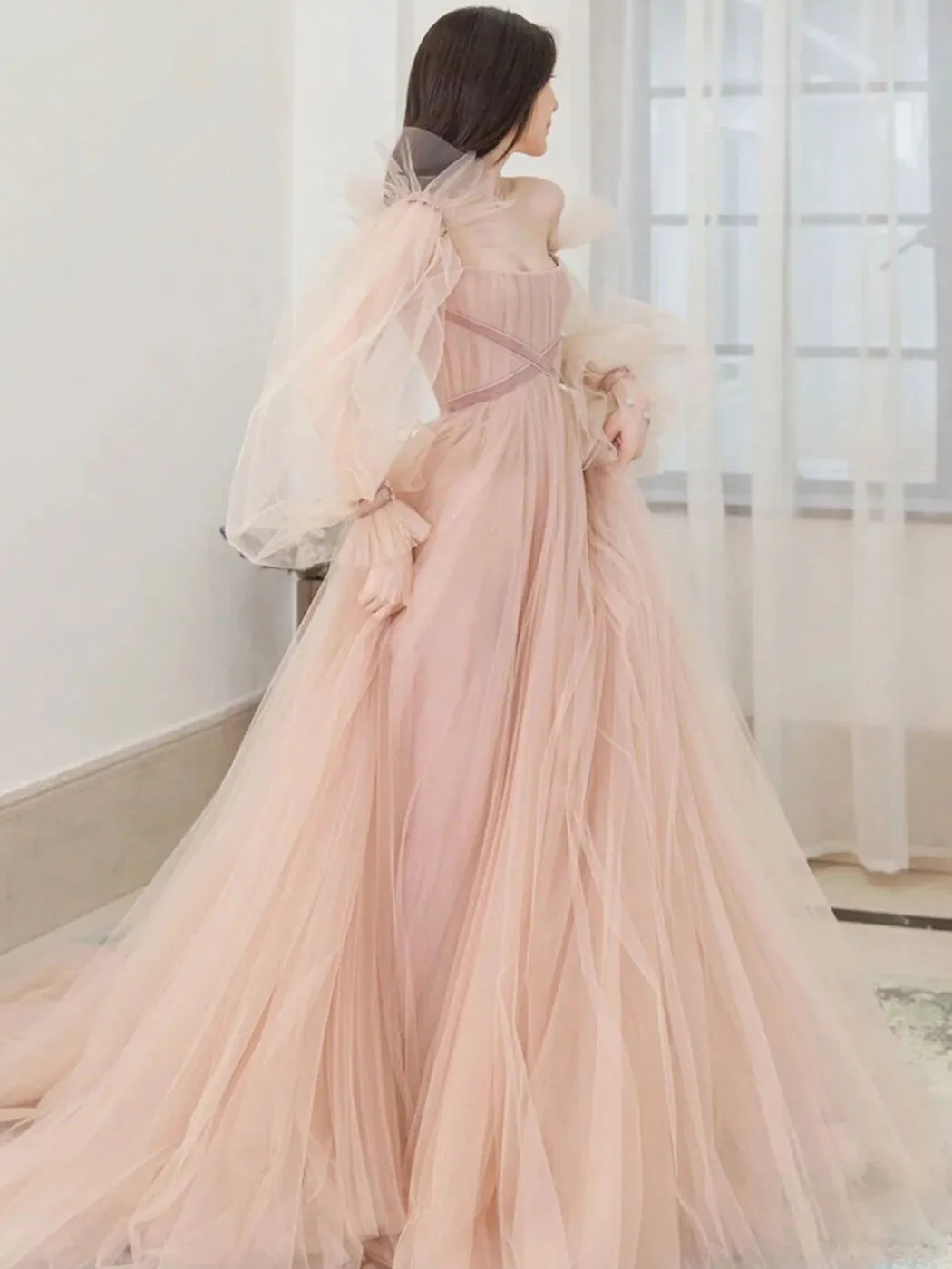 Champagne A line long prom dress champagne long formal dress