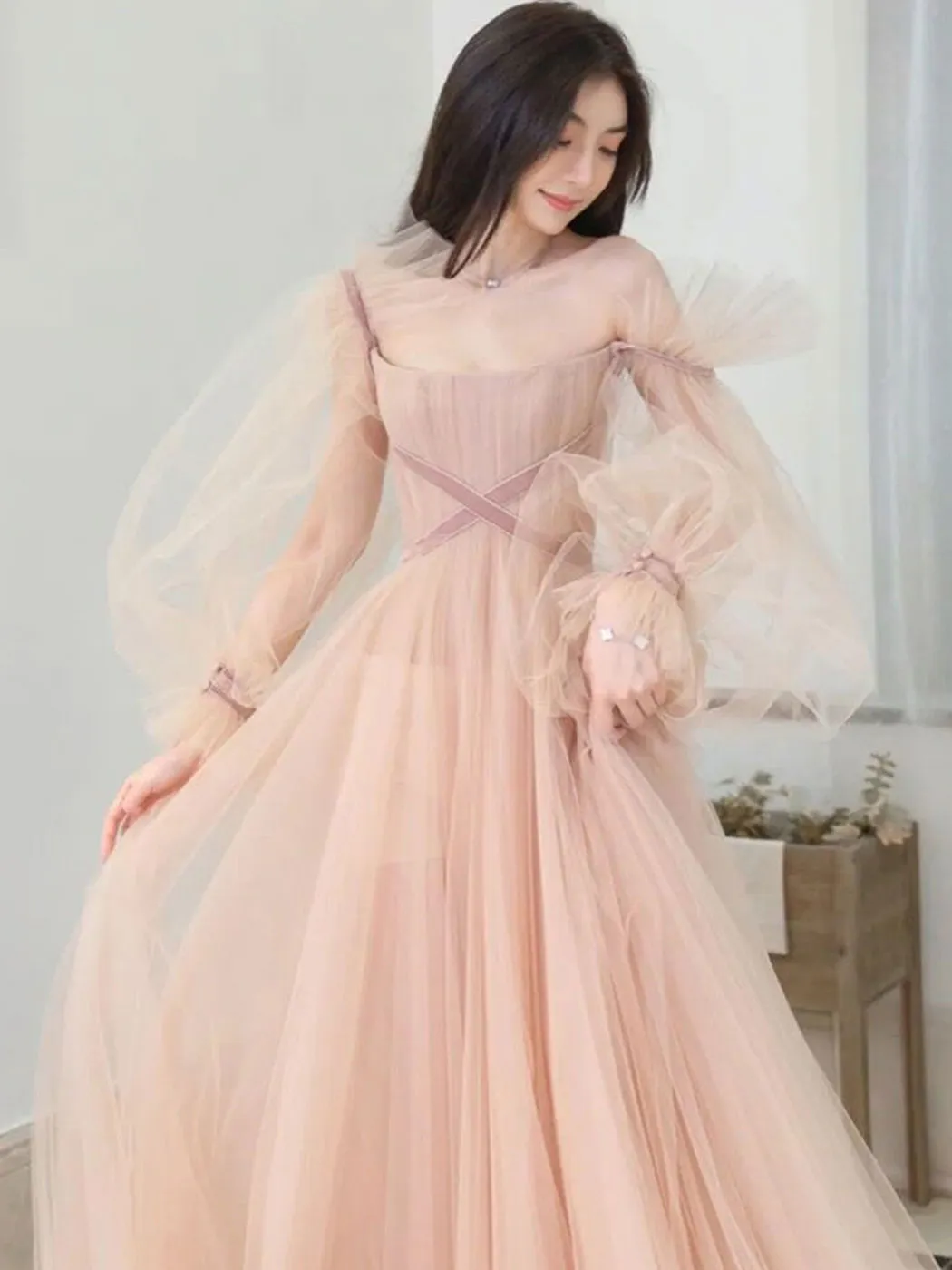 Champagne A line long prom dress champagne long formal dress