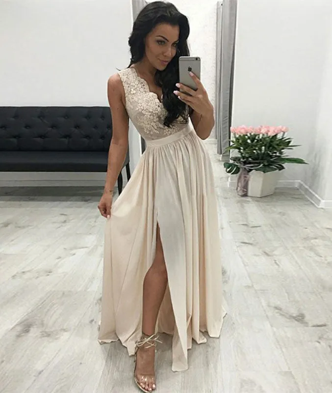 Champagne chiffon lace long prom dress, champagne chiffon evening dress