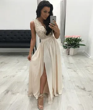Champagne chiffon lace long prom dress, champagne chiffon evening dress