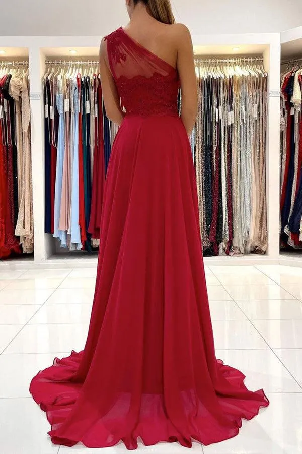 Champagne Chiffon One Shoulder Lace Long Prom Dress Formal Dress  PSK257