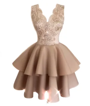 Champagne lace satin short prom dress, lace homecoming dress