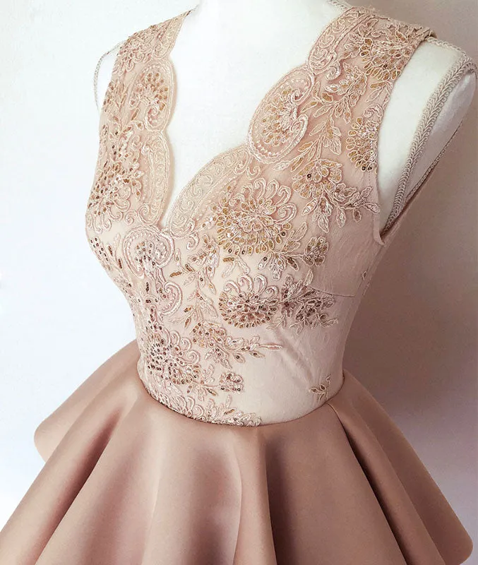 Champagne lace satin short prom dress, lace homecoming dress