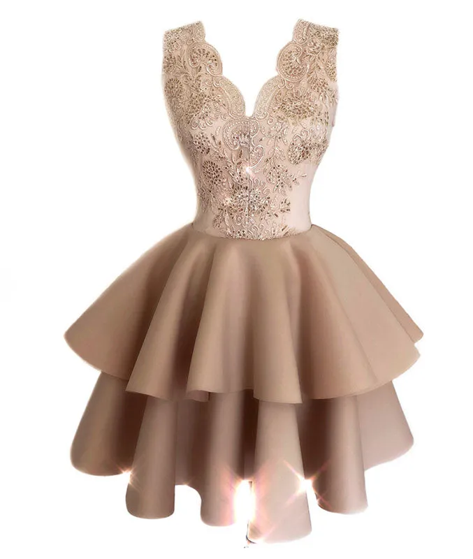 Champagne lace satin short prom dress, lace homecoming dress