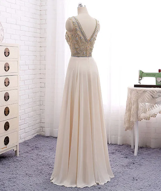 Champagne round neck chiffon beads long prom dress, champagne evening dress
