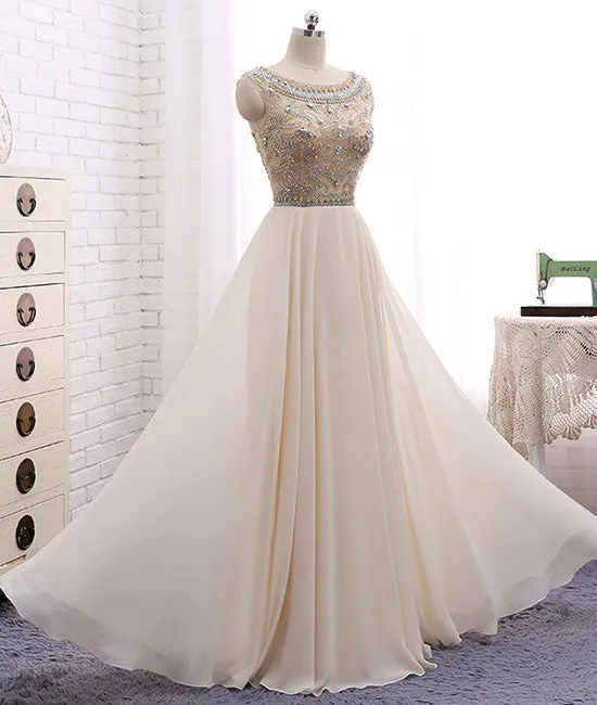 Champagne round neck chiffon beads long prom dress, champagne evening dress