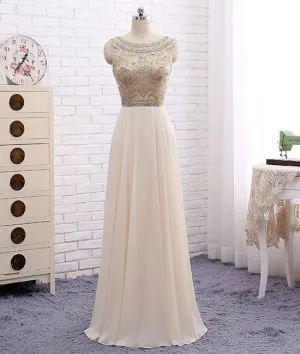 Champagne round neck chiffon beads long prom dress, champagne evening dress