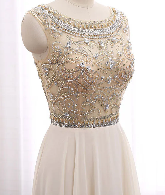 Champagne round neck chiffon beads long prom dress, champagne evening dress