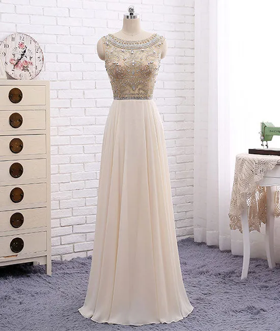 Champagne round neck chiffon beads long prom dress, champagne evening dress