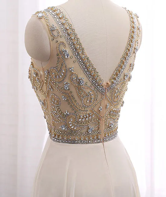 Champagne round neck chiffon beads long prom dress, champagne evening dress