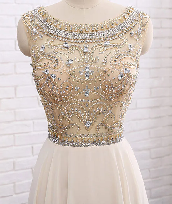 Champagne round neck chiffon beads long prom dress, champagne evening dress
