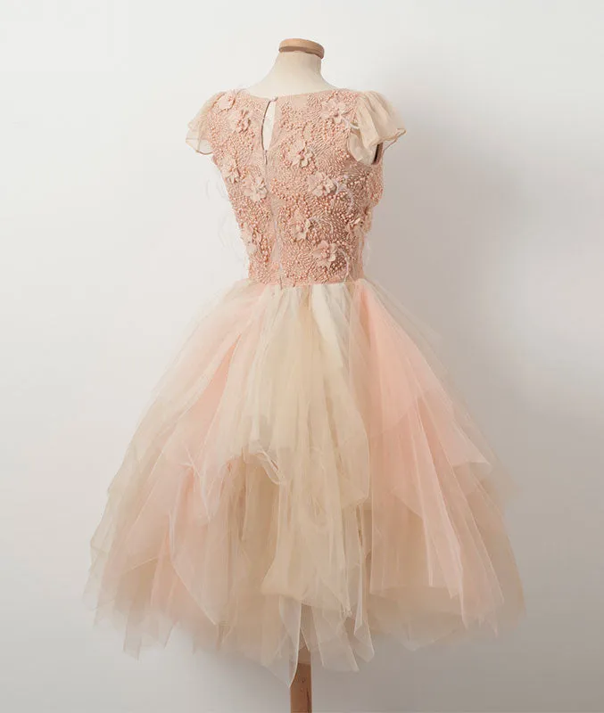 Champagne round neck tulle beads short prom dress, homecoming dress
