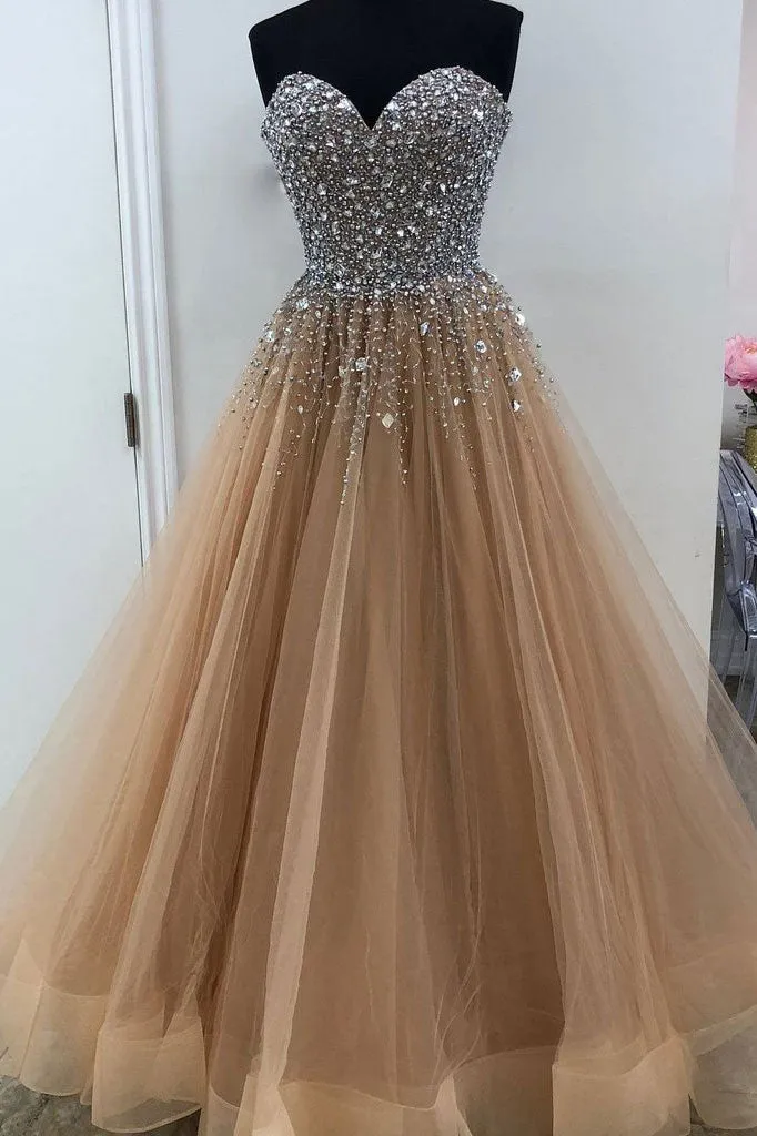Champagne sweetheart neck tulle beads sequin long prom dress, evening dress