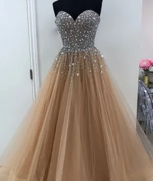 Champagne sweetheart neck tulle beads sequin long prom dress, evening dress