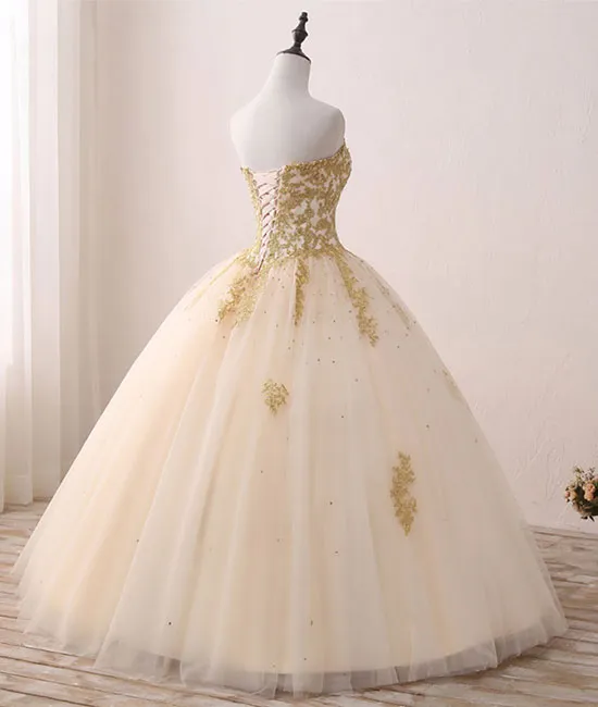 Champagne sweetheart neck tulle lace long prom gown, sweet 16 dress