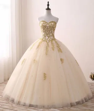 Champagne sweetheart neck tulle lace long prom gown, sweet 16 dress