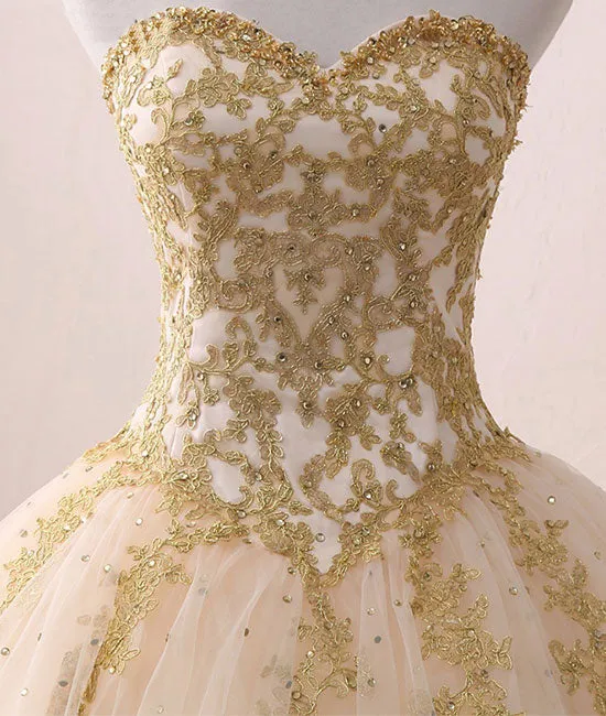 Champagne sweetheart neck tulle lace long prom gown, sweet 16 dress