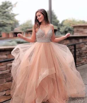 Champagne sweetheart tulle sequin long prom dress, evening dress