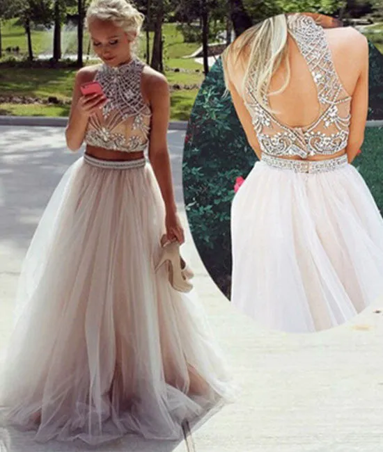 Champagne tulle beaded 2 pieces long prom dresses, formal dresses
