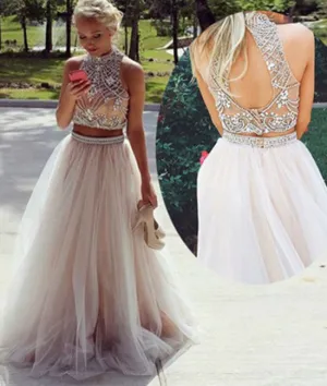 Champagne tulle beaded 2 pieces long prom dresses, formal dresses