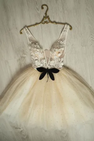 Champagne tulle beads lace short prom dress champagne homecoming dress