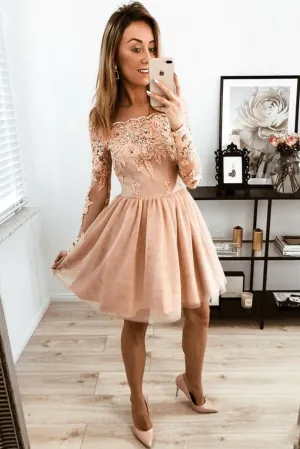 Champagne tulle lace short prom dress, champagne homecoming dress