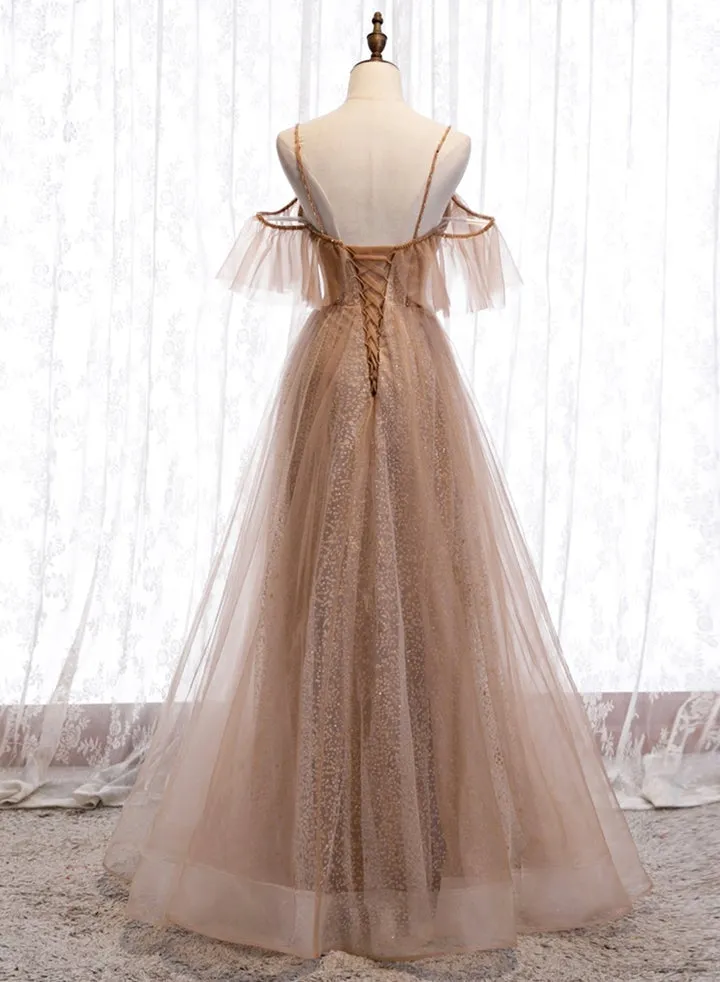Champagne Tulle Off Shoulder Straps A-line Prom Dress, Long Evening Dress Party Dress