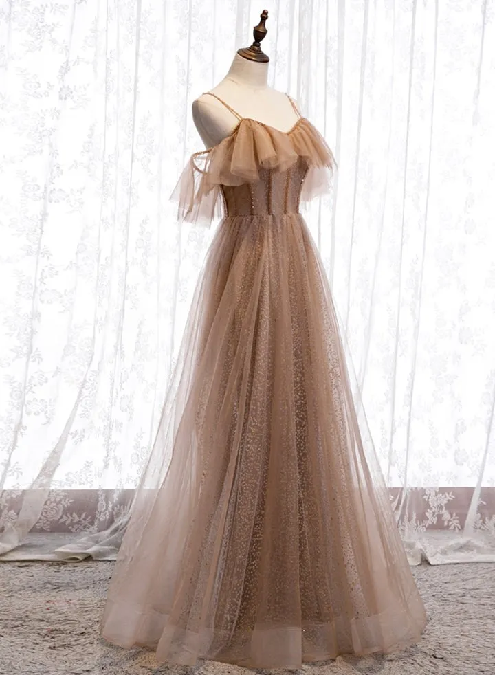 Champagne Tulle Off Shoulder Straps A-line Prom Dress, Long Evening Dress Party Dress