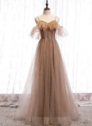 Champagne Tulle Off Shoulder Straps A-line Prom Dress, Long Evening Dress Party Dress