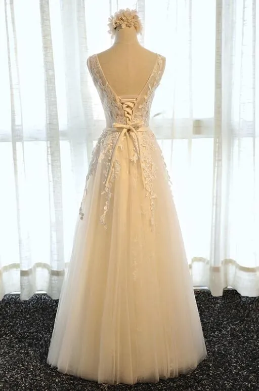 Champagne Tulle Round Neckline Long Prom Dress , Tulle Formal Dress