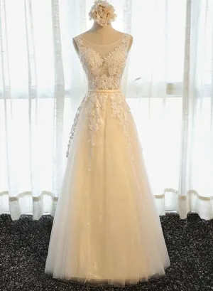 Champagne Tulle Round Neckline Long Prom Dress , Tulle Formal Dress