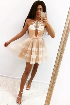 Champagne tulle short prom dress, champagne homecoming dress