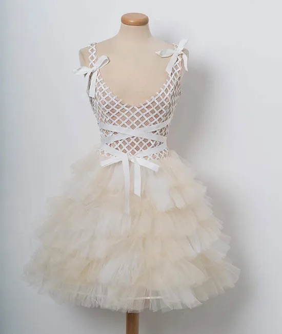 Champagne tulle short prom dress. champagne homecoming dress