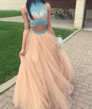 Champagne tulle two pieces beads long prom dress, evening dress