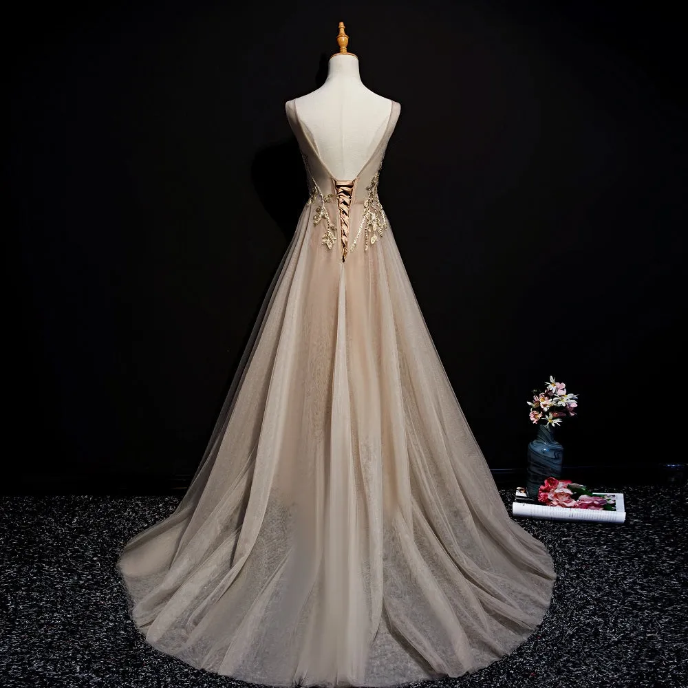 Champagne Tulle V-neckline Long Lace Prom Dress, A-line Formal Gown Party Dress