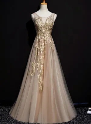 Champagne Tulle V-neckline Long Lace Prom Dress, A-line Formal Gown Party Dress