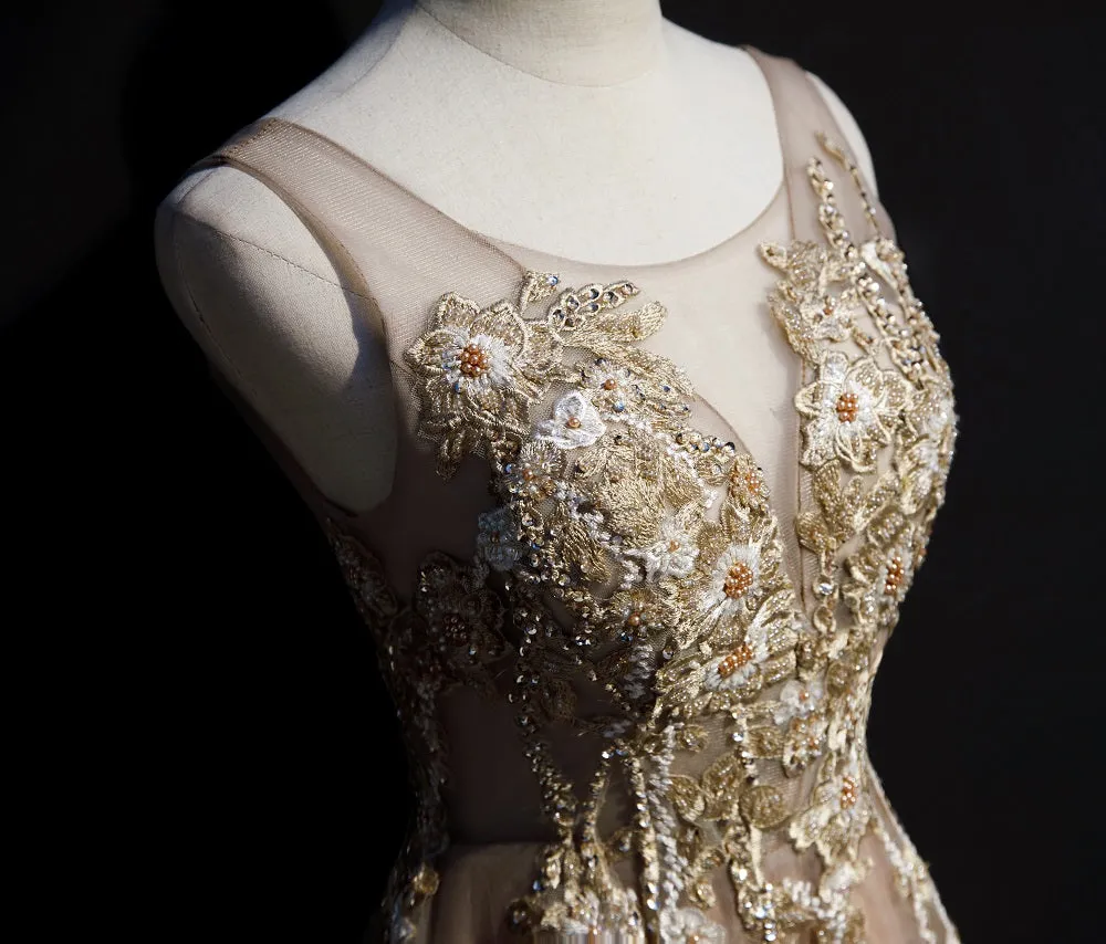 Champagne Tulle V-neckline Long Lace Prom Dress, A-line Formal Gown Party Dress