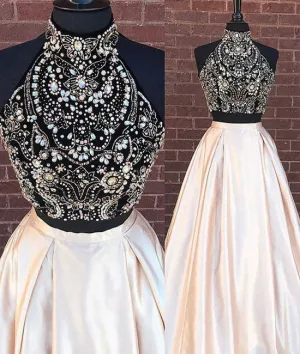 Champagne two pieces beads long prom dress, evening dresses