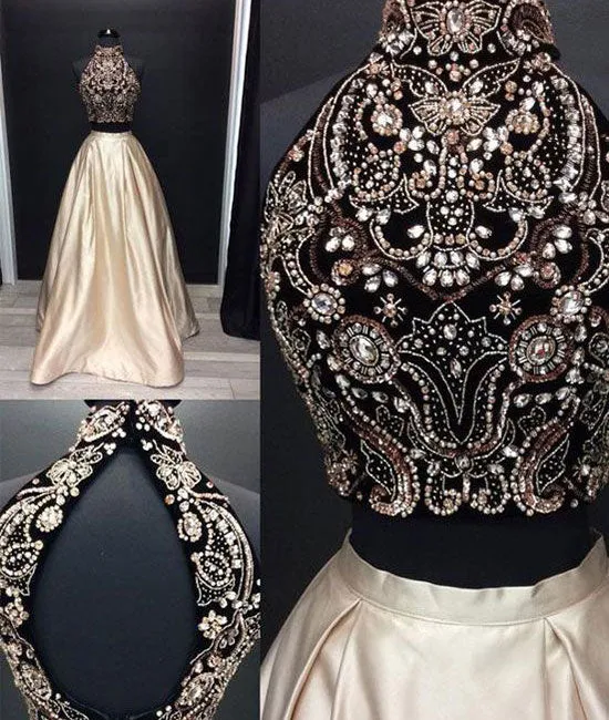Champagne two pieces beads long prom dress, evening dresses