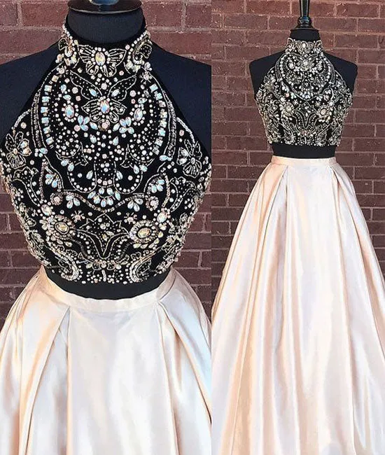 Champagne two pieces beads long prom dress, evening dresses