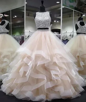 Champagne two pieces sequin tulle long prom dress, champagne evening dress