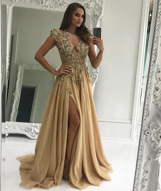 Champagne v neck chiffon lace applique long prom dresses