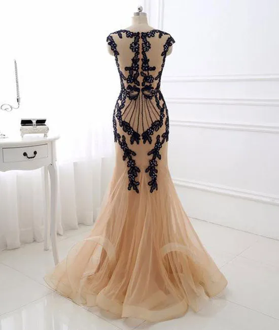 Champagne v neck lace applique mermaid long prom dress