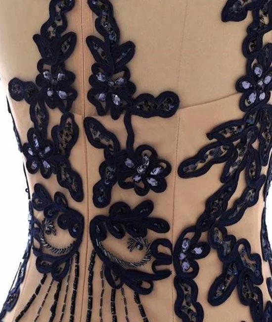 Champagne v neck lace applique mermaid long prom dress