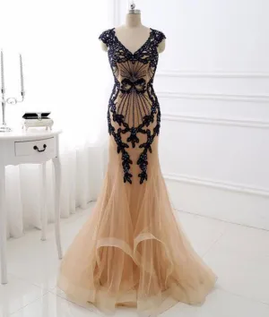 Champagne v neck lace applique mermaid long prom dress
