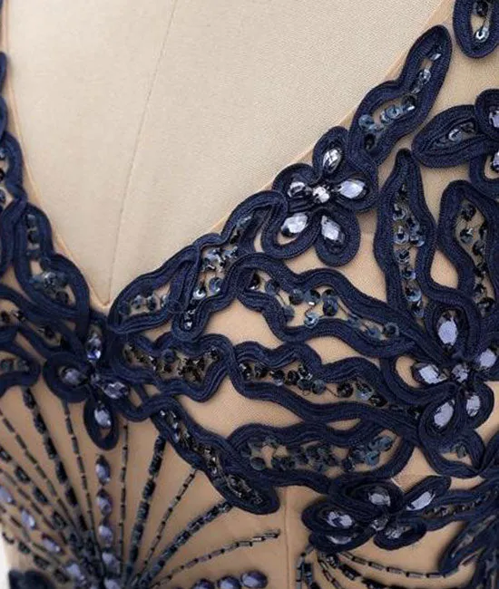 Champagne v neck lace applique mermaid long prom dress