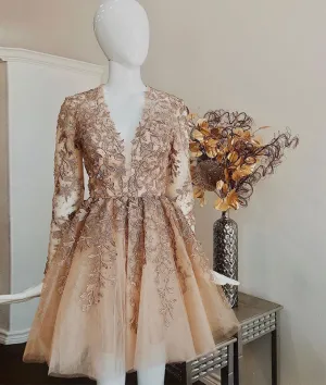 Champagne v neck lace tulle short prom dress, champagne homecoming dress