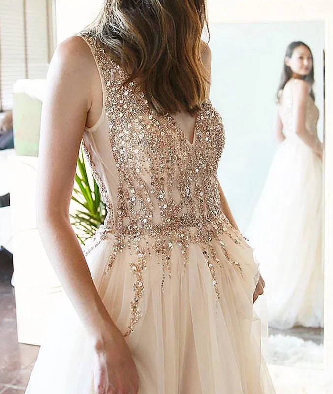 Champagne v neck tulle sequin long prom dress, champagne evening dress