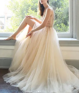 Champagne v neck tulle sequin long prom dress, champagne evening dress